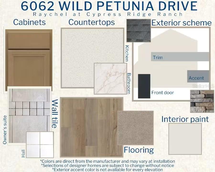 This design board displays interior and exterior finish selections for a new home construction project — 6062 WILD PETUNIA DRIVE, WIMAUMA, FL
