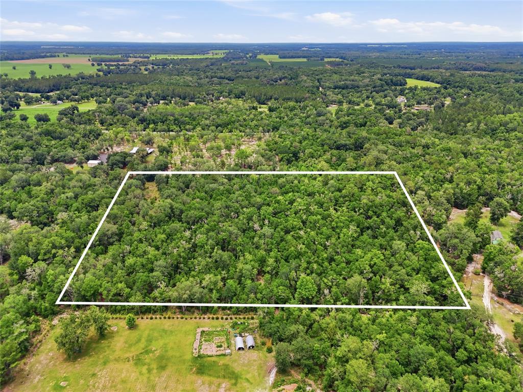 An aerial view shows a rectangular plot of land outlined in white amidst dense forest — 00 SW SQUIRREL COURT, FORT WHITE, FL