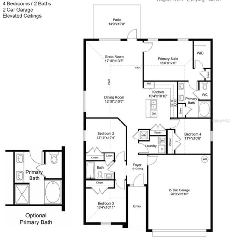 This floor plan shows a four-bedroom, two-bathroom home with a two-car garage and patio — 2206 NW 23RD LOOP, OCALA, FL