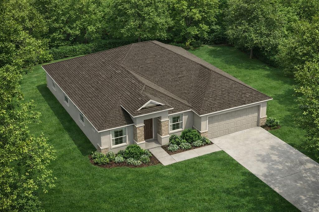 This is a digital rendering of a single-story suburban house with a two-car garage — 680 DUNBAR AVENUE, WINTER GARDEN, FL
