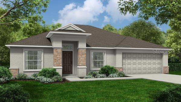 This is a rendering of a single-story house with a stone-accented entryway and two-car garage — 680 DUNBAR AVENUE, WINTER GARDEN, FL