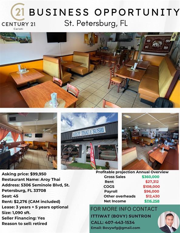 This real estate listing features interior and exterior photos of a Thai restaurant — 5306 SEMINOLE BOULEVARD, ST PETERSBURG, FL