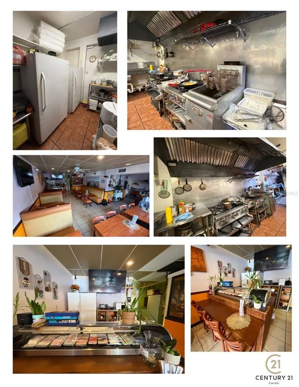 This collage shows the interior of a restaurant, including a kitchen, dining area, and counter — 5306 SEMINOLE BOULEVARD, ST PETERSBURG, FL