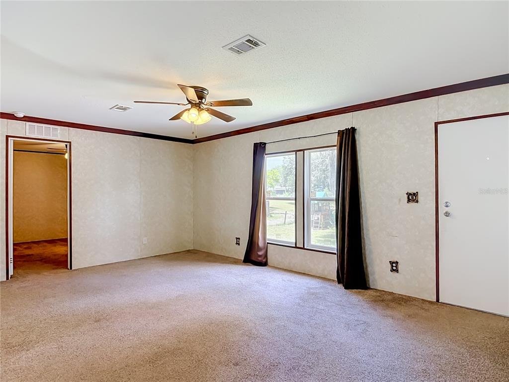 A carpeted living room features a ceiling fan, a window with curtains, and two doorways — 40628 PALM DRIVE, EUSTIS, FL