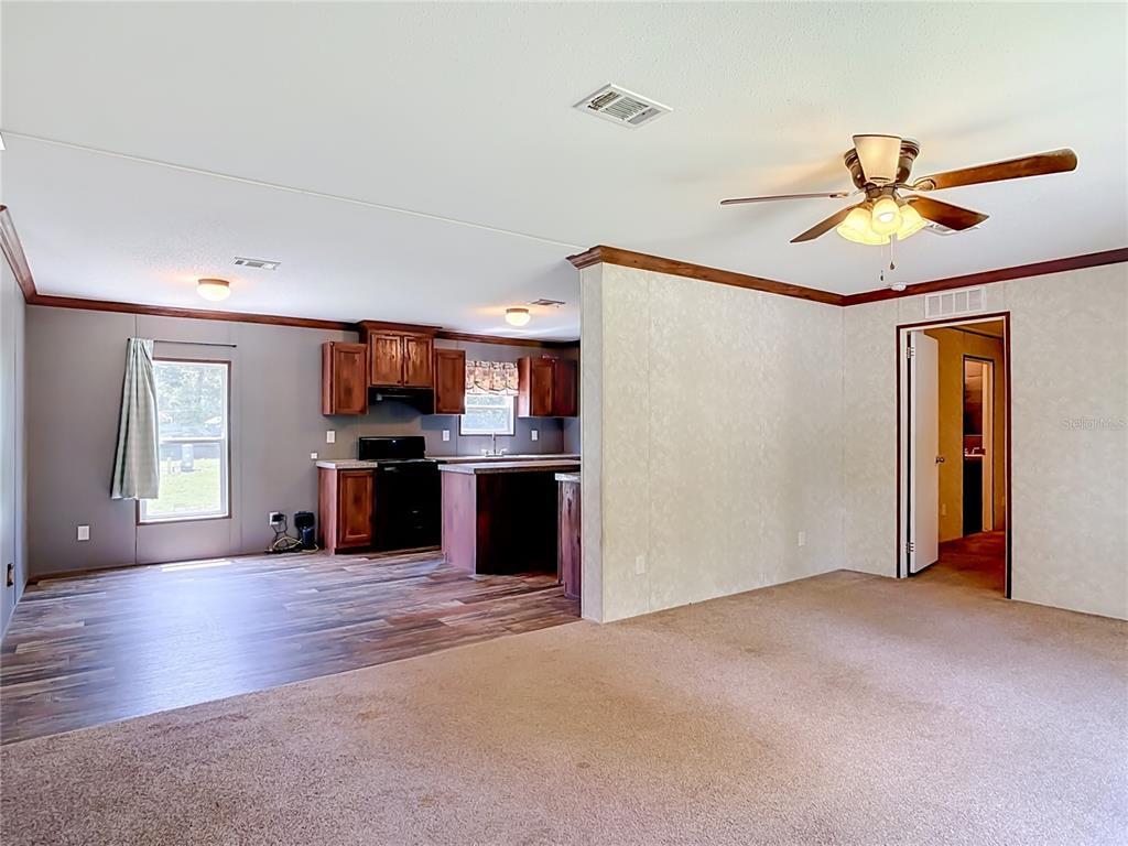 An open-concept living room with carpeted flooring transitions into a kitchen with wood cabinets — 40628 PALM DRIVE, EUSTIS, FL