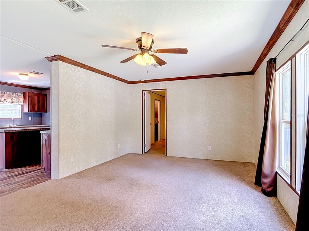 A carpeted living room features a ceiling fan, crown molding, and a doorway to another room — 40628 PALM DRIVE, EUSTIS, FL