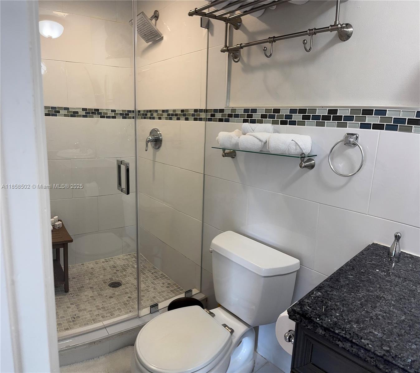 A bathroom features a glass-enclosed shower, a white toilet, and a dark granite vanity countertop — 1301 Grouper Dr # A, Marathon FL 33050, MARATHON, FL