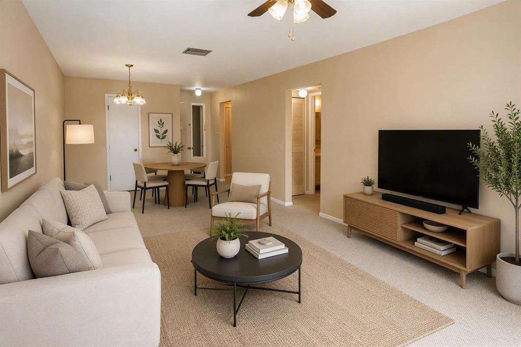 A living room with a beige sofa, round coffee table, dining area, and television console — 4610 W GRAY STREET UNIT 307, TAMPA, FL