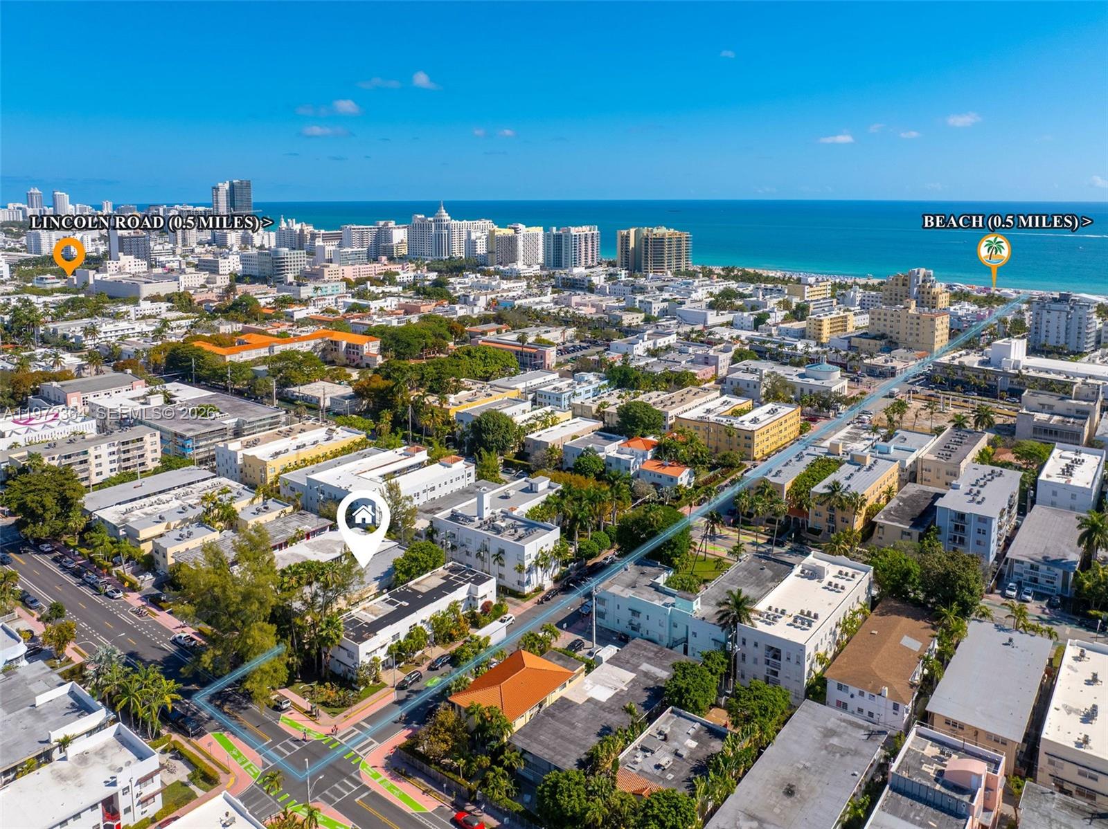 This aerial view shows a residential neighborhood in Miami Beach with a highlighted property location — 1309 Euclid Ave # 6, Miami Beach FL 33139, MIAMI BEACH, FL