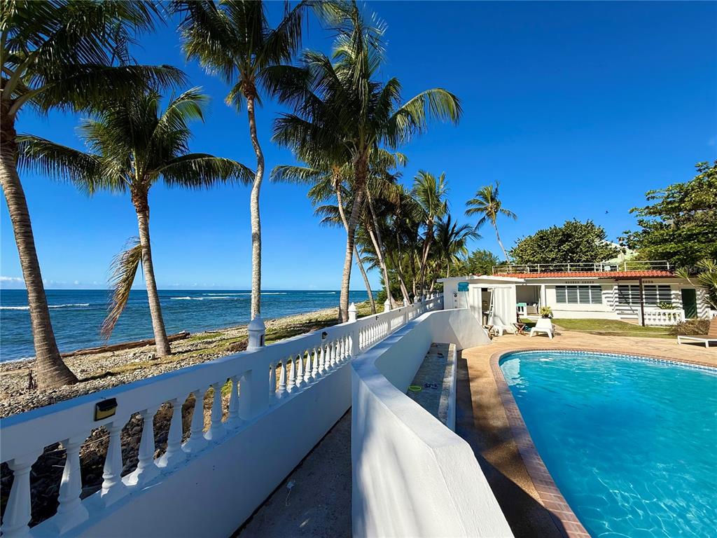 A swimming pool sits next to a white balustrade overlooking the ocean and palm trees — Carr #3 BEACH FRONT GUEST HOUSE, PATILLAS, PR