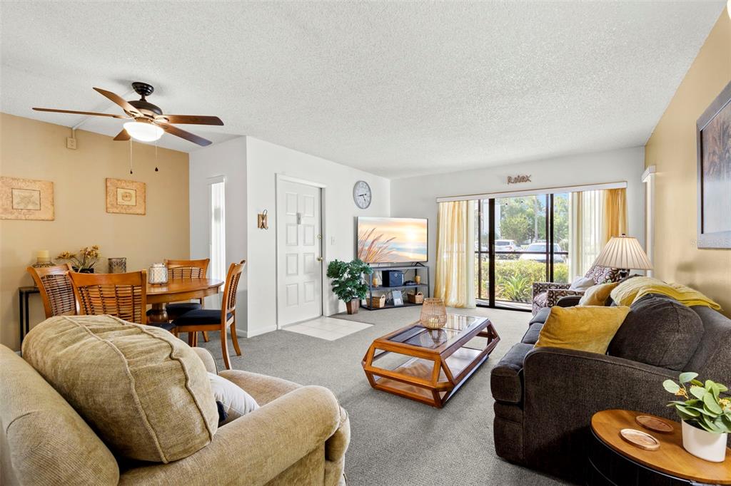 A living room and dining area with carpeted floors, a ceiling fan, and sliding glass doors — 1290 PINE RIDGE CIRCLE E UNIT E1, TARPON SPRINGS, FL