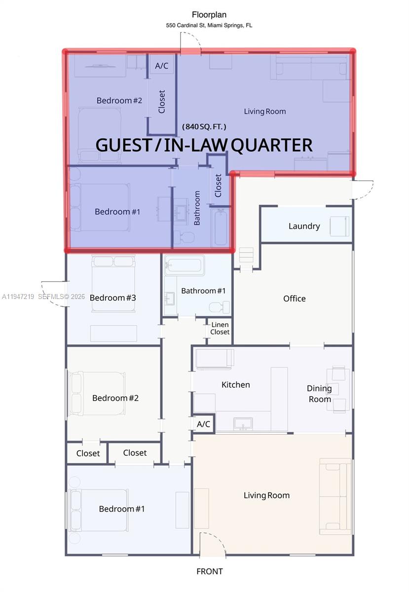 This is a floor plan showing a house layout with a separate guest/in-law quarter — 550 Cardinal St, Miami Springs FL 33166, MIAMI SPRINGS, FL