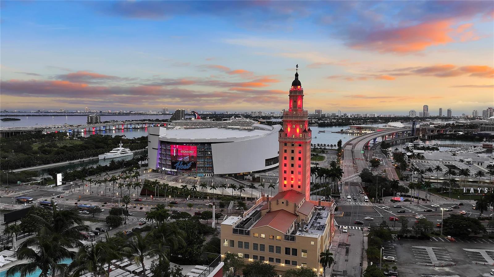 An aerial view of the Freedom Tower and Kaseya Center in Miami at sunset — 11 NE 6th Street # 907, Miami FL 33132, MIAMI, FL