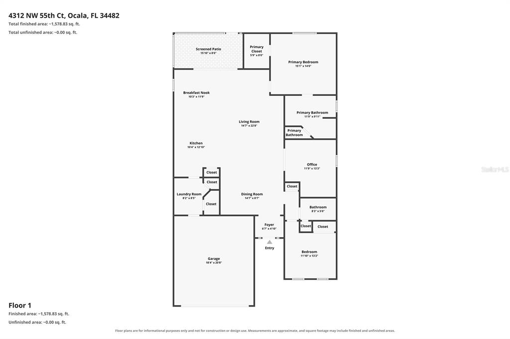 This is a floor plan for a single-story house with a garage and screened patio — 4312 NW 55TH COURT, OCALA, FL