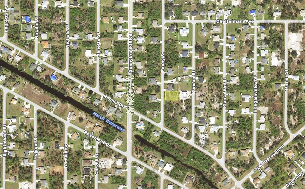 This is an aerial map view of a residential neighborhood with a highlighted vacant lot — 7140 FANCY STREET, ENGLEWOOD, FL