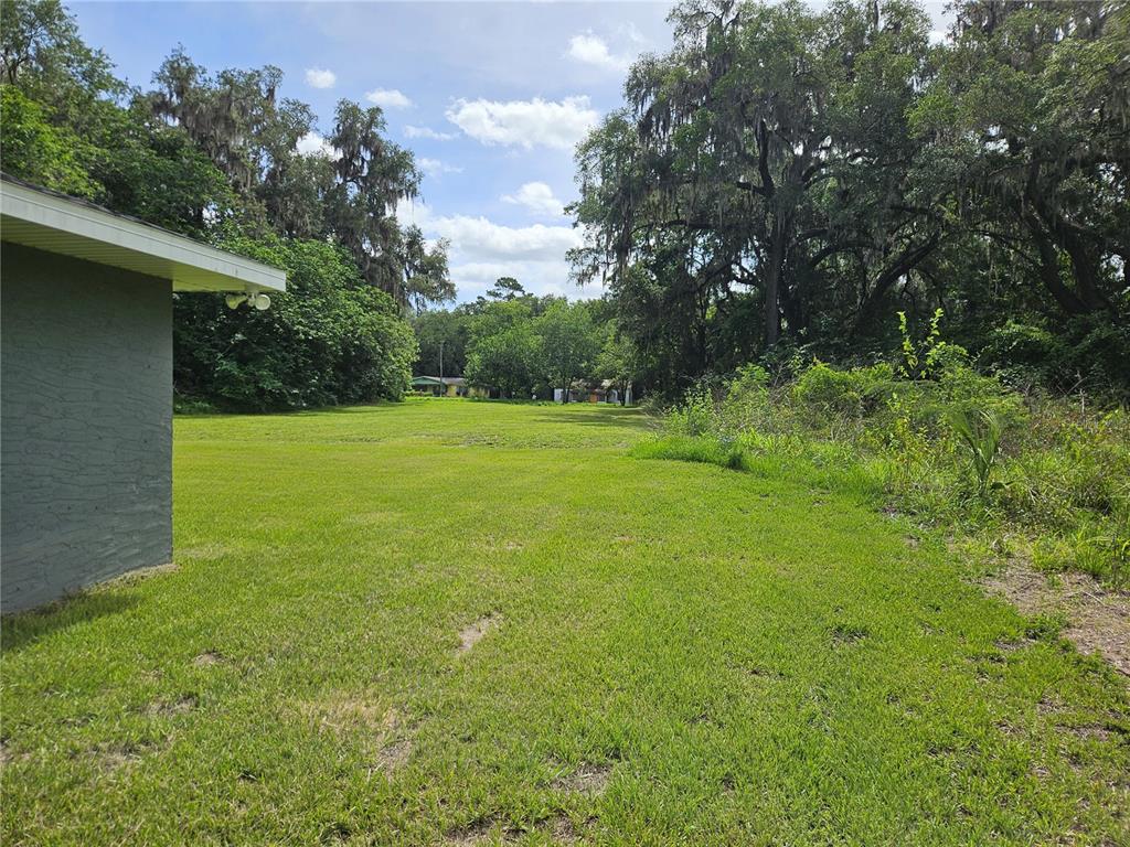 A grassy backyard extends toward a line of trees behind the corner of a house — 51 NE 10TH STREET, WILLISTON, FL