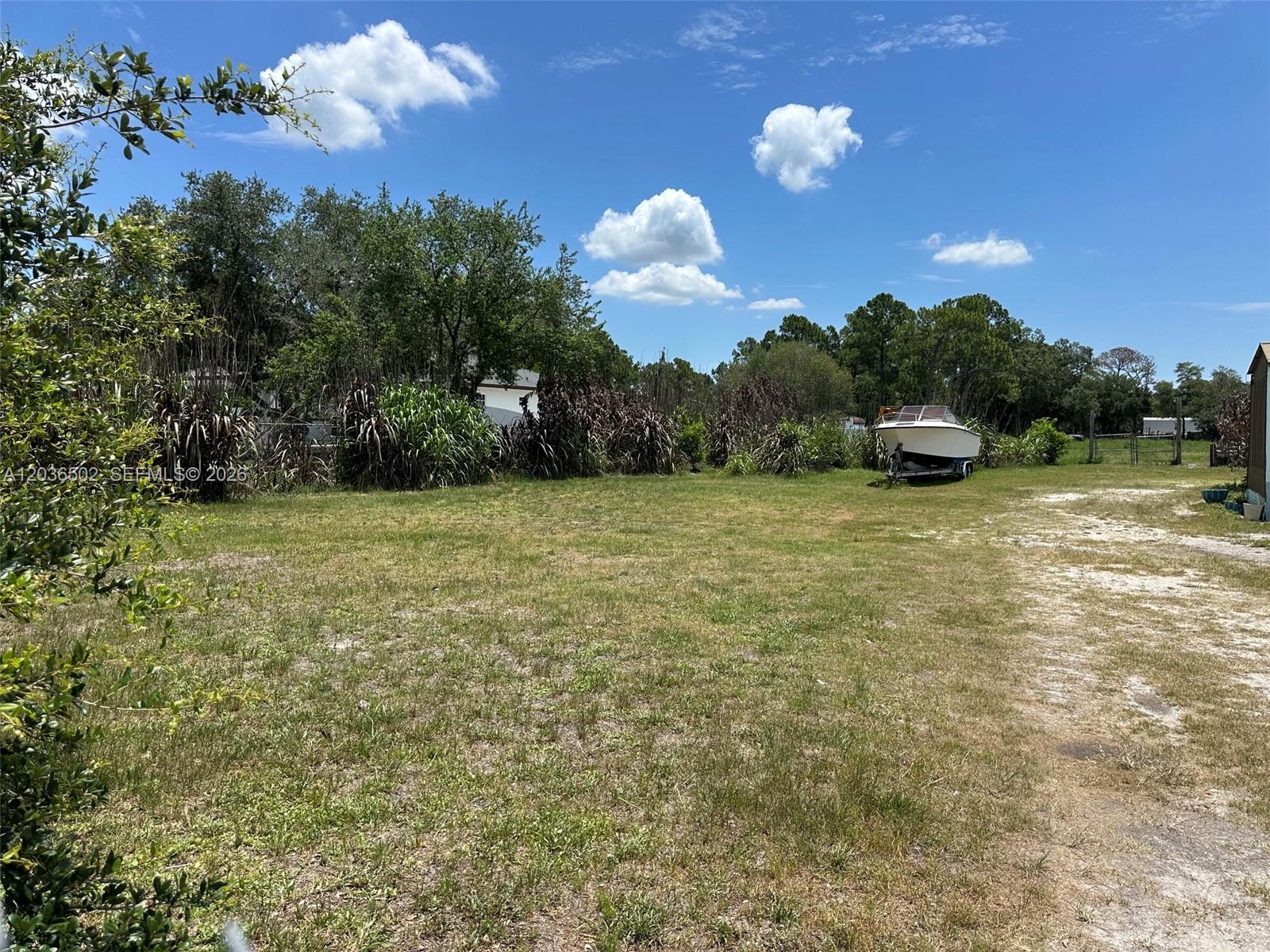 A grassy, open lot features a boat on a trailer and dense surrounding vegetation — 135 S Hacienda, Clewiston FL 33440, CLEWISTON, FL
