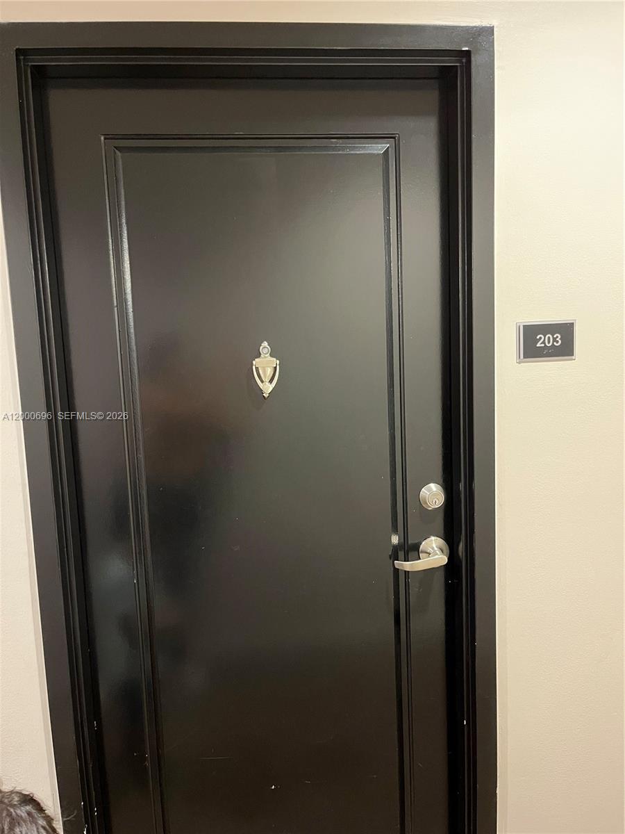 A black front door with a silver knocker and handle is labeled with the number 203 — 1871 NW S River Dr # A03, Miami FL 33125, MIAMI, FL