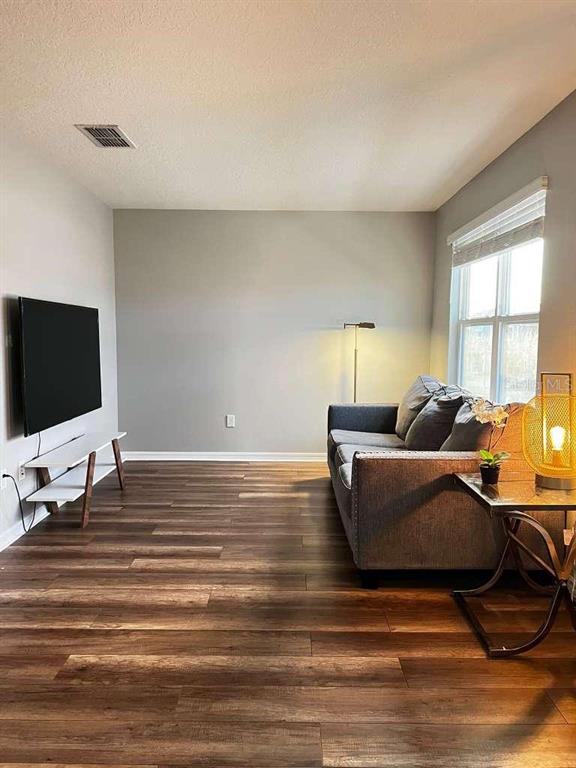 A living room features wood-look flooring, a gray sofa, a wall-mounted television, and a side table — 9118 LONGSHIP ALLEY, ORLANDO, FL