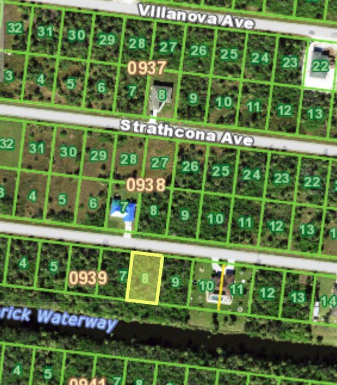 This is a map showing a highlighted vacant residential lot situated along a waterway — 358 DENVER DRIVE, PORT CHARLOTTE, FL