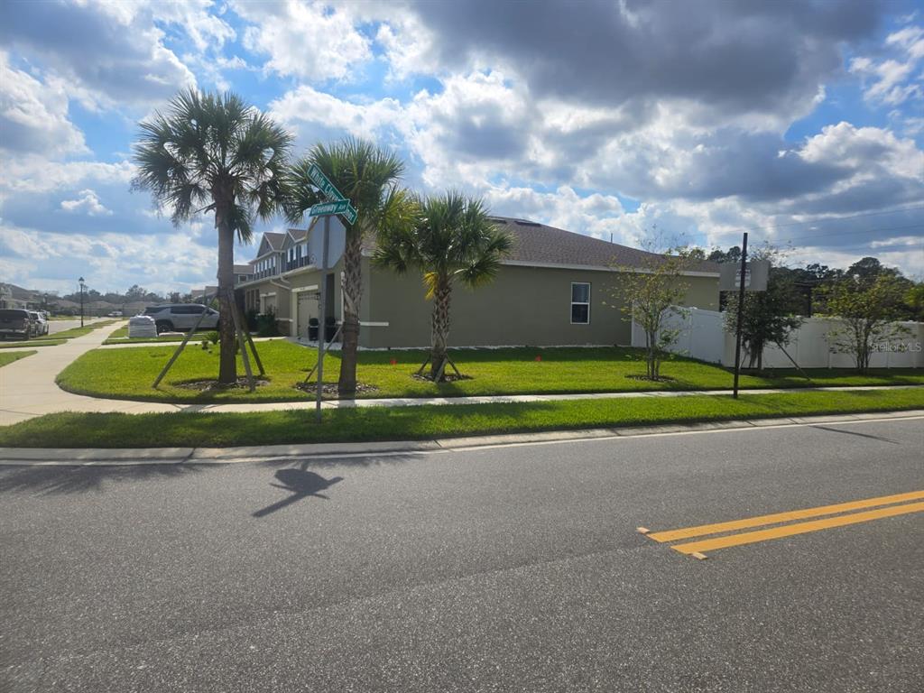A corner lot features a tan house with palm trees and a white fence — 8052 GREENWAY AVENUE, WESLEY CHAPEL, FL
