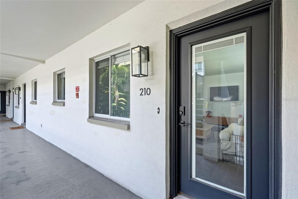 The exterior view shows a white building wall with a dark-framed glass front door — 125 5TH AVENUE NE UNIT 210, ST PETERSBURG, FL