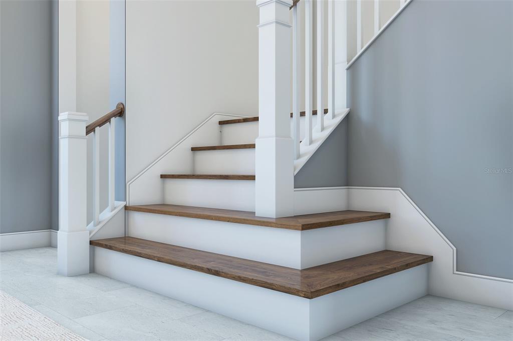 This is a digital rendering of a staircase with wood treads and white risers — 424 MARINA LOUIS POINT, SANFORD, FL