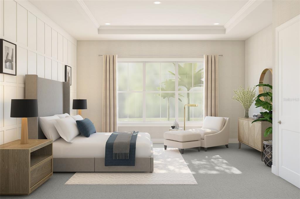 This is a rendering of a bedroom featuring a gray bed, armchair, and large window — 424 MARINA LOUIS POINT, SANFORD, FL