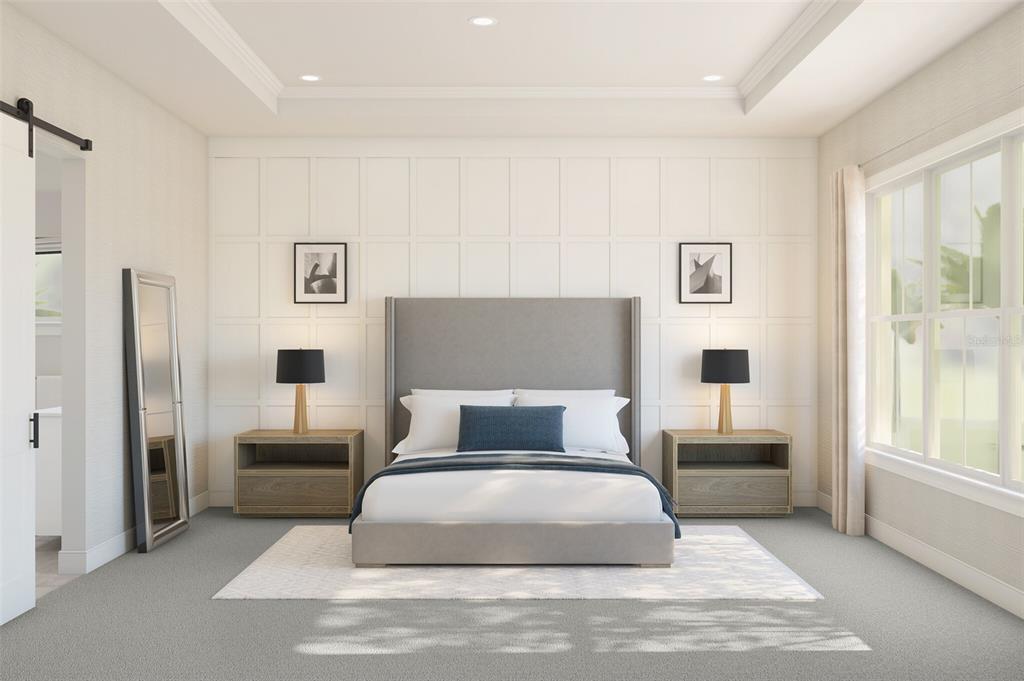 This is a rendering of a bedroom featuring a gray upholstered bed and paneled walls — 424 MARINA LOUIS POINT, SANFORD, FL