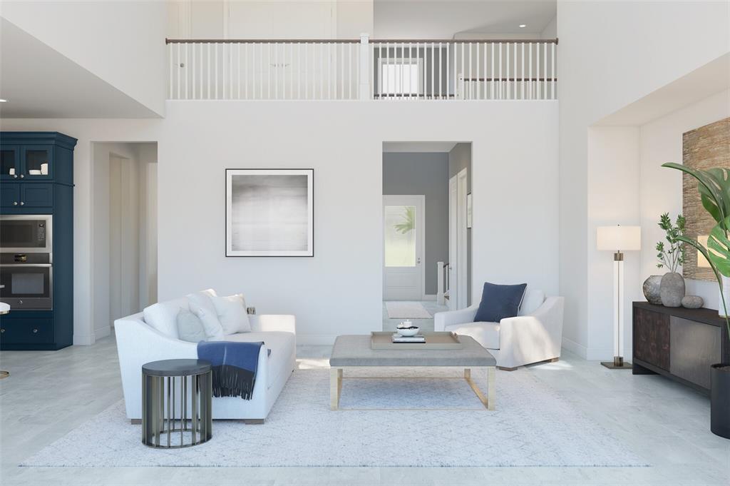 This rendering shows a bright living room with white walls, a lofted balcony, and blue accents — 424 MARINA LOUIS POINT, SANFORD, FL