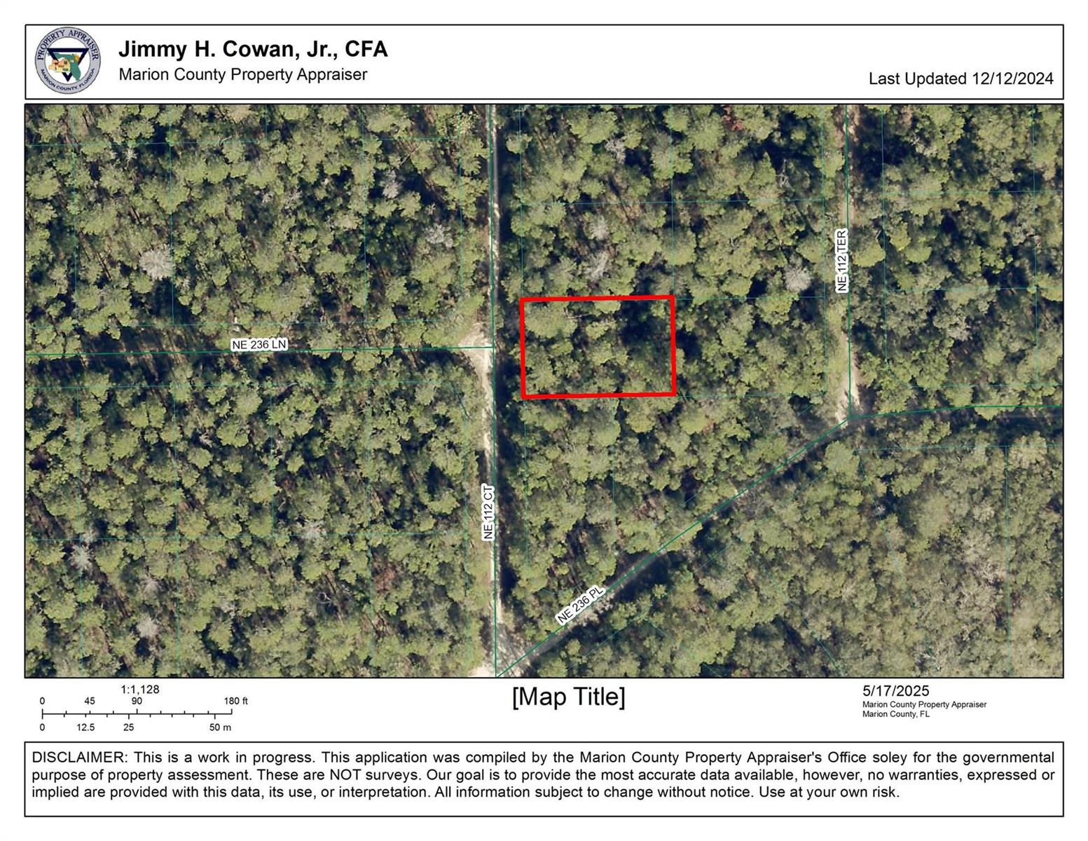 This is a property appraiser map showing a wooded lot outlined in red — 00 NE 113 Avenue, FL 32134, FL