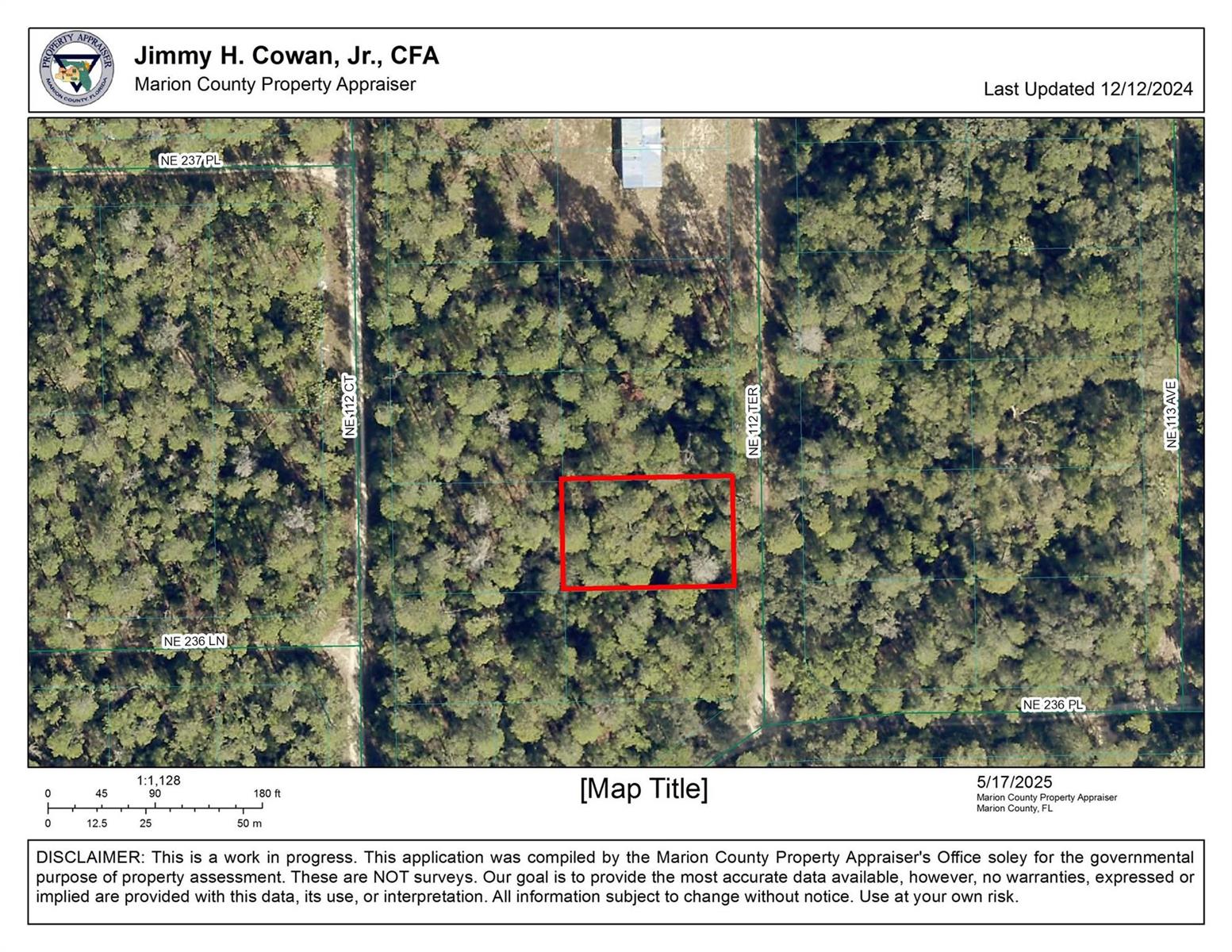 This is a property map showing a rectangular parcel of land outlined in red — 00 NE 113 Avenue, FL 32134, FL