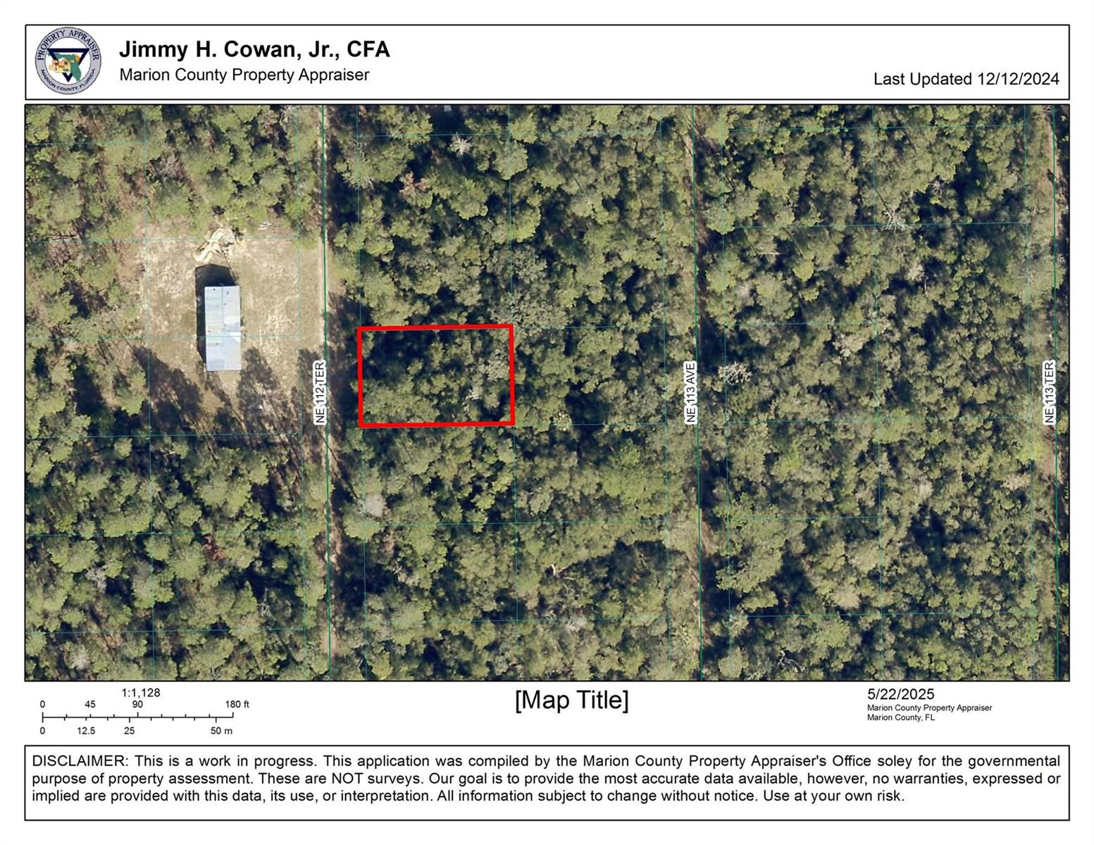 This is a property appraiser map showing a wooded lot with a red boundary outline — 00 NE 113 Avenue, FL 32134, FL