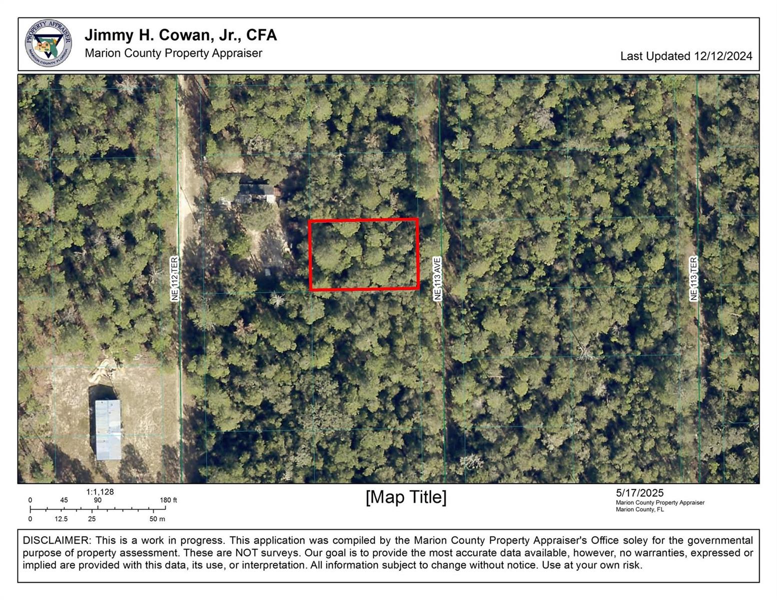 This is a property appraiser map showing a wooded lot with a red boundary outline — 00 NE 113 Avenue, FL 32134, FL