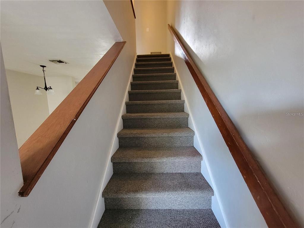 A carpeted staircase with wooden handrails leads to an upper level — 3625 NE 20TH PLACE, OCALA, FL