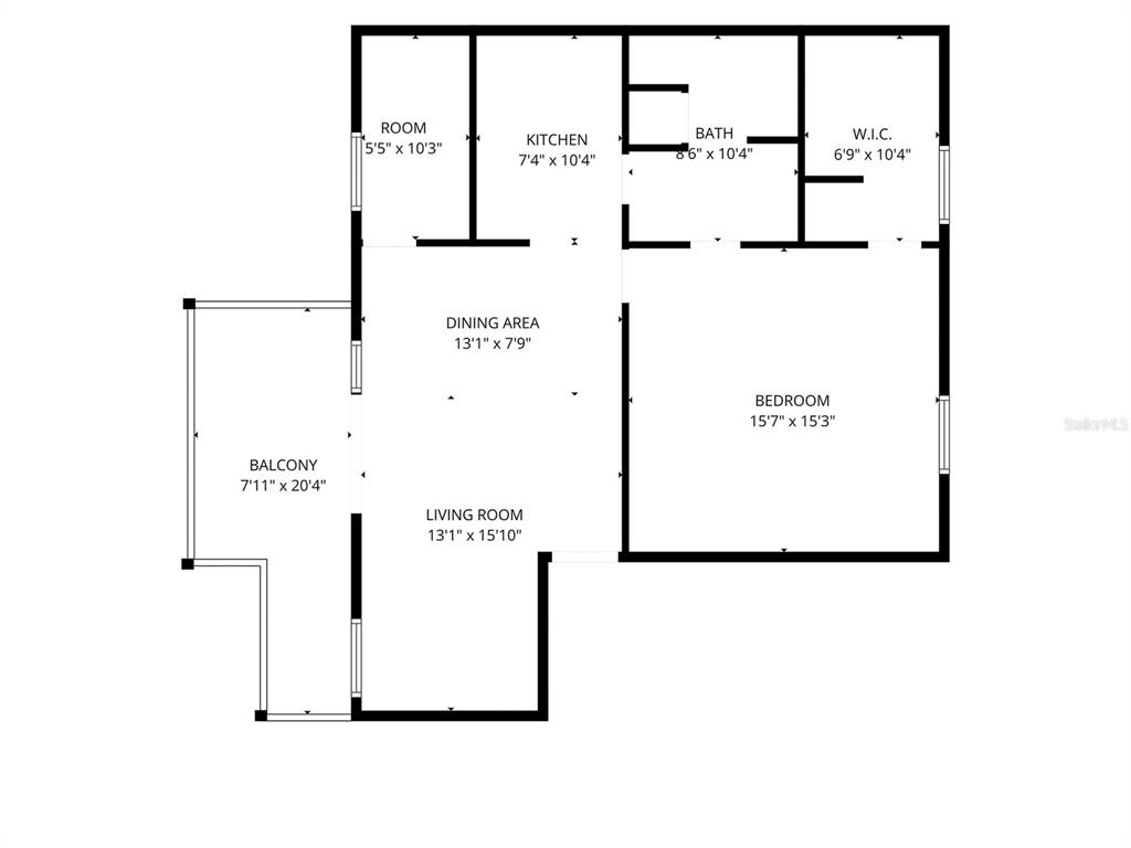 This is a floor plan of a one-bedroom apartment with a balcony and walk-in closet — 222 POMPANO DRIVE SE UNIT H, ST PETERSBURG, FL