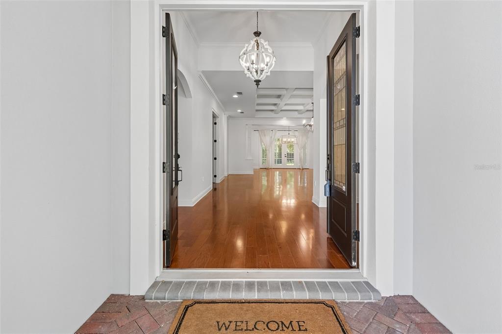 A view through an open front door into a foyer with hardwood floors and chandelier — 2107 CARROLL LANDING DRIVE, TAMPA, FL