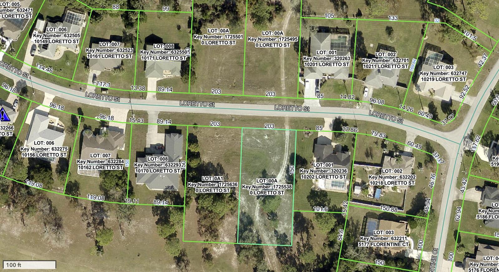 This is a satellite map showing residential lots and property boundaries along a street — 0 Tbd Loretto Lot 8 Street, Spring Hill FL 34608, SPRING HILL, FL