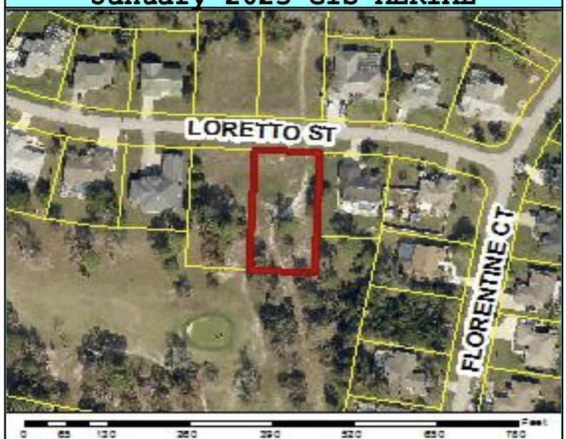 This aerial map shows a vacant residential lot outlined in red along a suburban street — 0 Tbd Loretto Lot 8 Street, Spring Hill FL 34608, SPRING HILL, FL