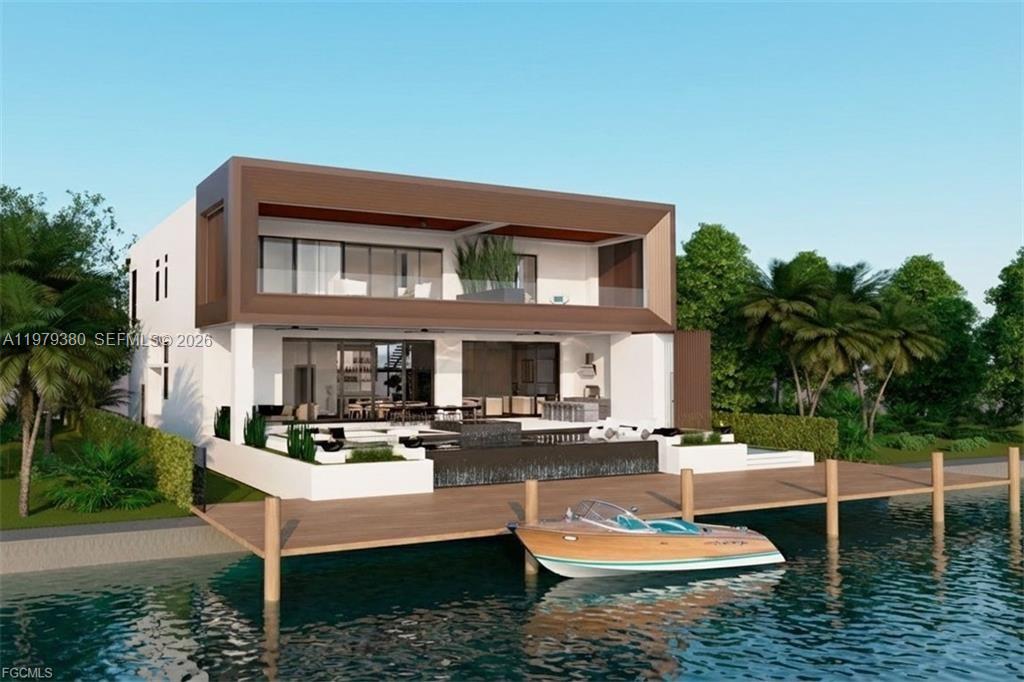 This is a rendering of a modern two-story waterfront home with a private boat dock — CAPE CORAL, FL