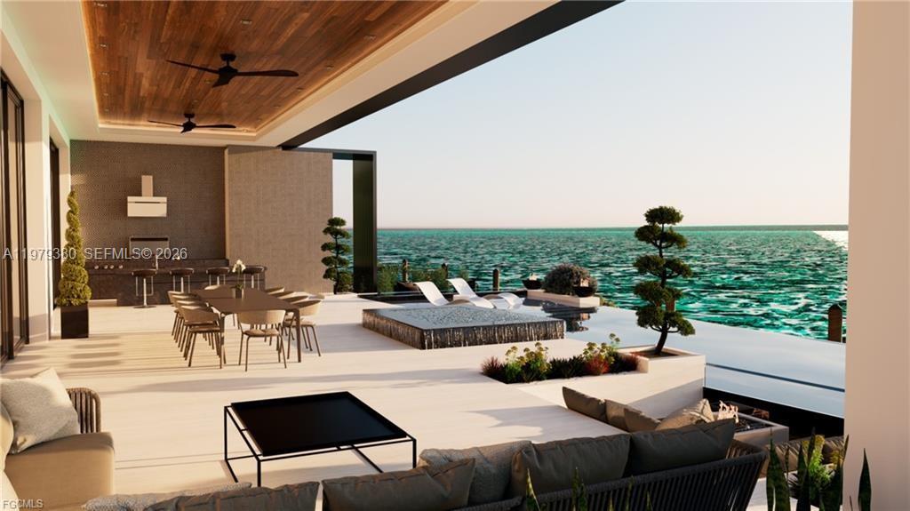 This architectural rendering shows a modern outdoor patio with a dining area, pool, and ocean view — CAPE CORAL, FL