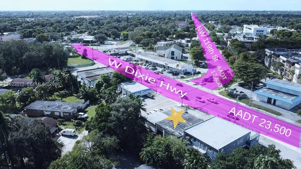 This aerial view shows a commercial street intersection highlighted in pink with traffic volume data — 11851 W Dixie Hwy, Miami FL 33161, MIAMI, FL