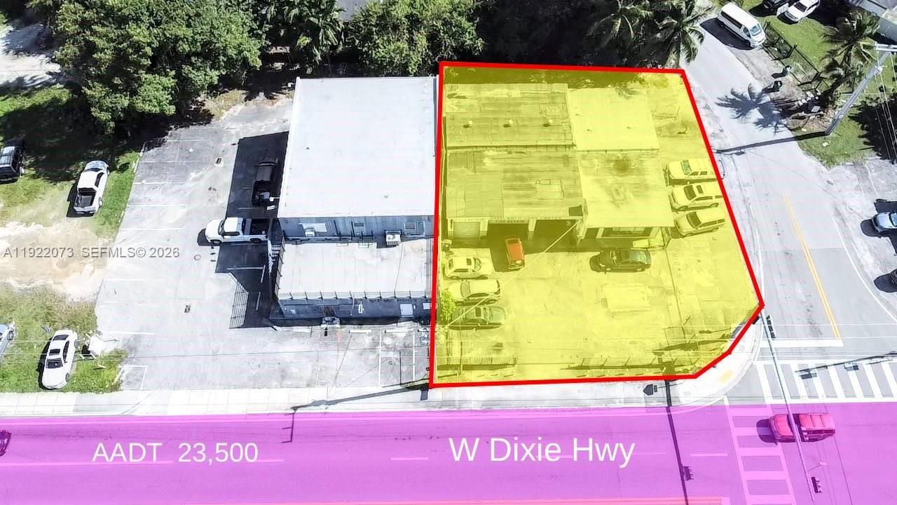 An aerial view shows a commercial property highlighted in yellow along a busy highway — 11851 W Dixie Hwy, Miami FL 33161, MIAMI, FL