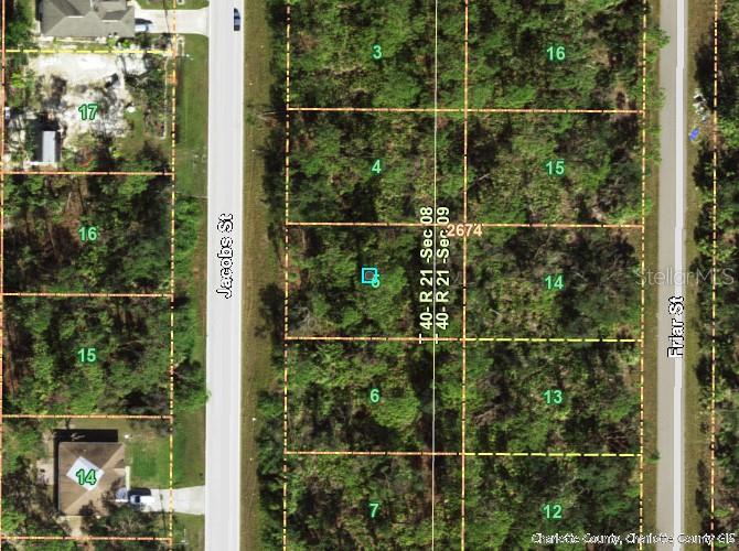 This is an aerial map showing undeveloped residential lots between Jacobs Street and Friar Street — 1296 JACOBS STREET, PORT CHARLOTTE, FL