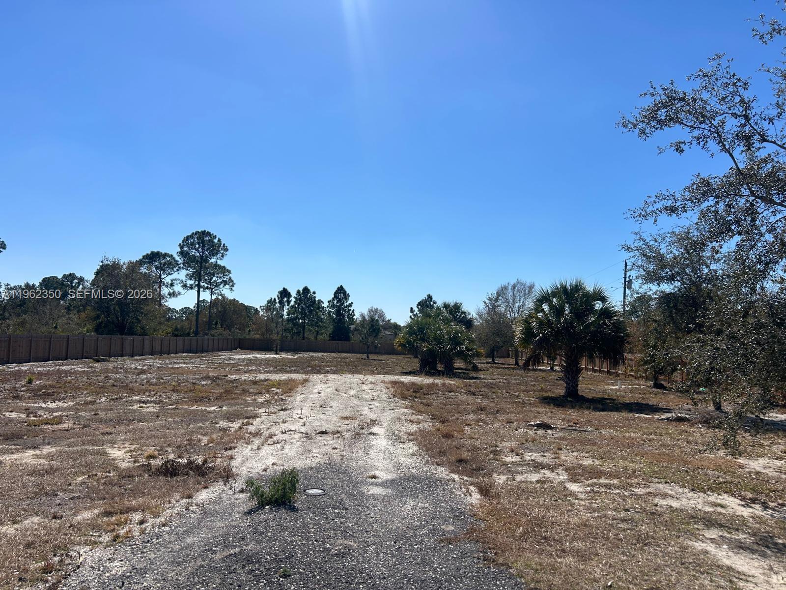 A flat, cleared vacant lot features a gravel driveway and scattered trees under a blue sky — 648 Hunting Club Ave, Clewiston FL 33440, CLEWISTON, FL