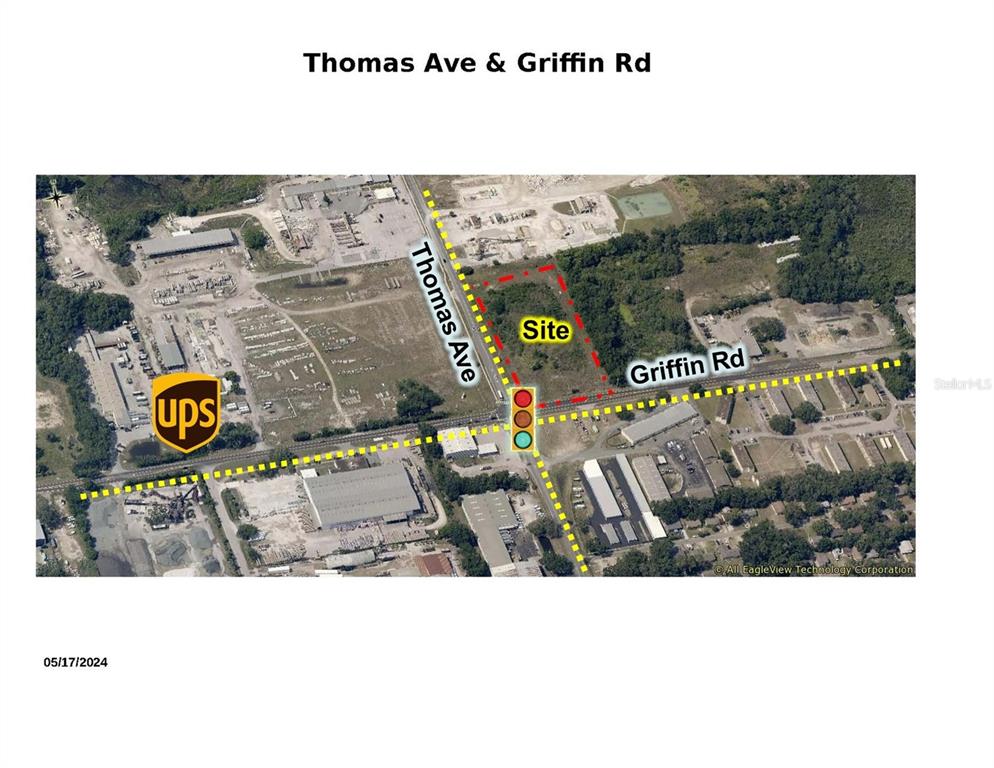 This aerial map shows a property site located at the intersection of two roads — GRIFFIN RD & THOMAS AVENUE, LEESBURG, FL