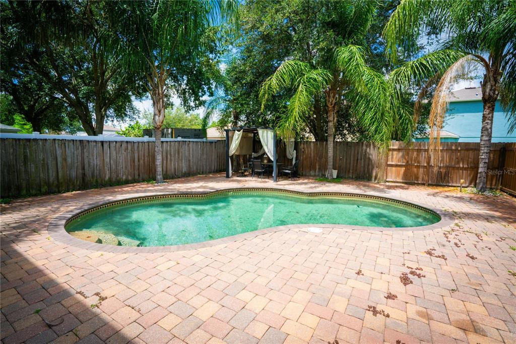 A backyard features a kidney-shaped swimming pool surrounded by a brick paver patio and fence — 10468 BLACKMORE DRIVE, TAMPA, FL