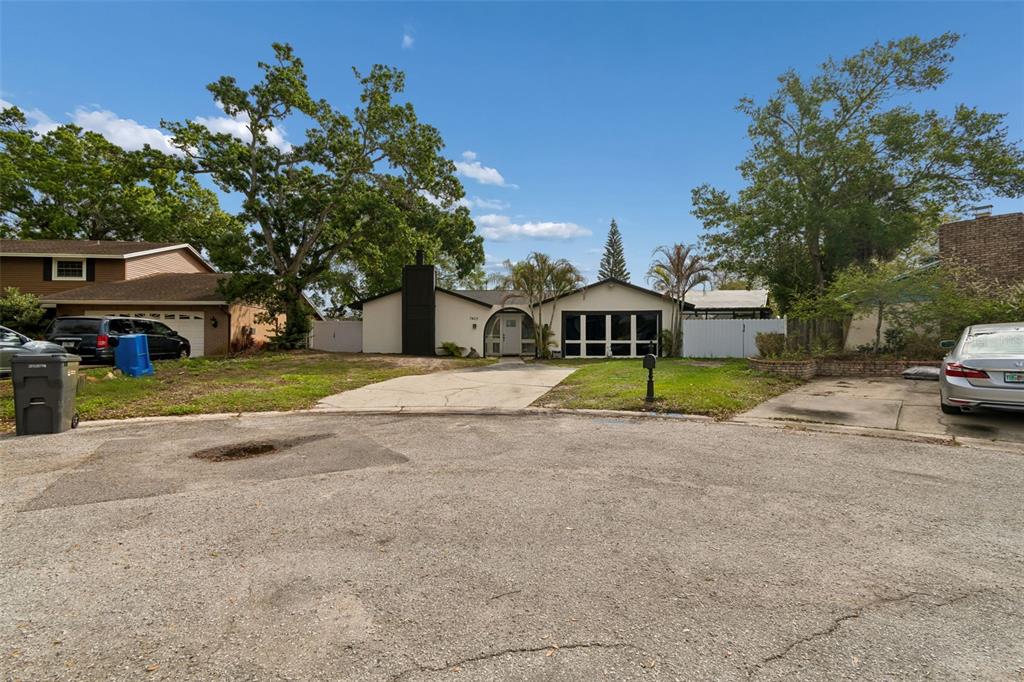 A single-story house with a concrete driveway, a black chimney, and a front yard — 7403 SPRING COURT, TAMPA, FL
