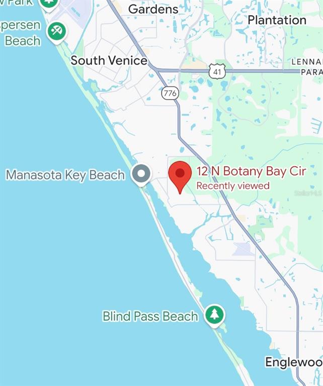 This is a map showing the location of a property near the Florida coastline — 12 N BOTANY BAY CIRCLE, ENGLEWOOD, FL