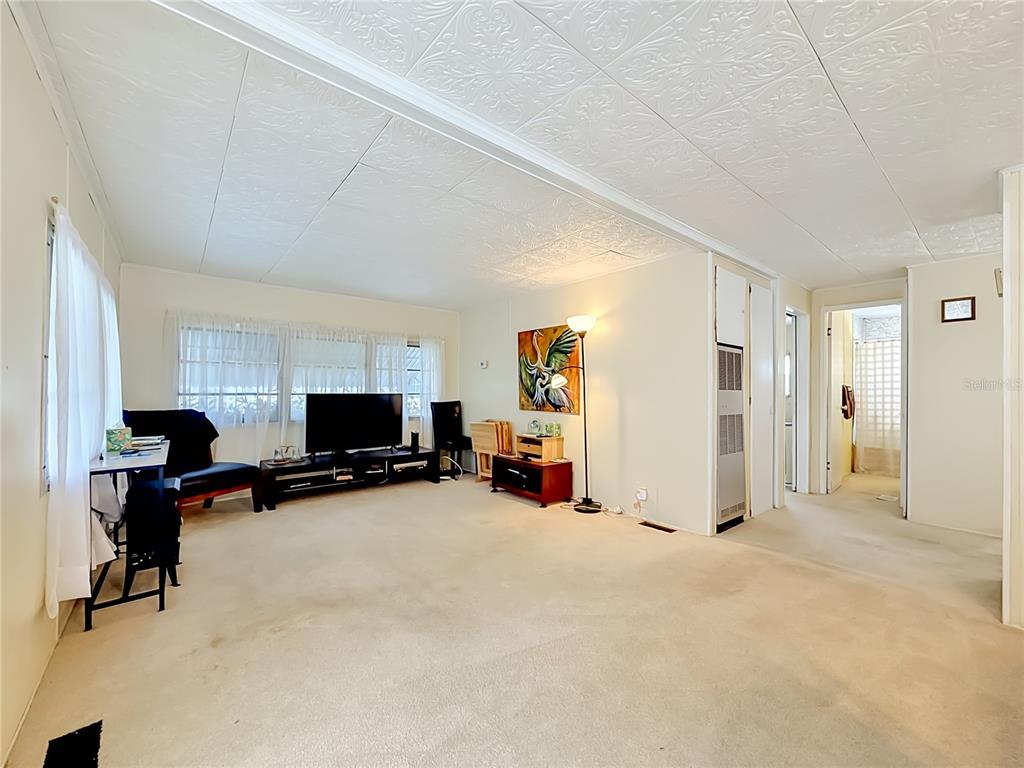 A living room with beige carpeting, white walls, a patterned ceiling, and a television stand — 4676 66TH LANE N UNIT 20, ST PETERSBURG, FL